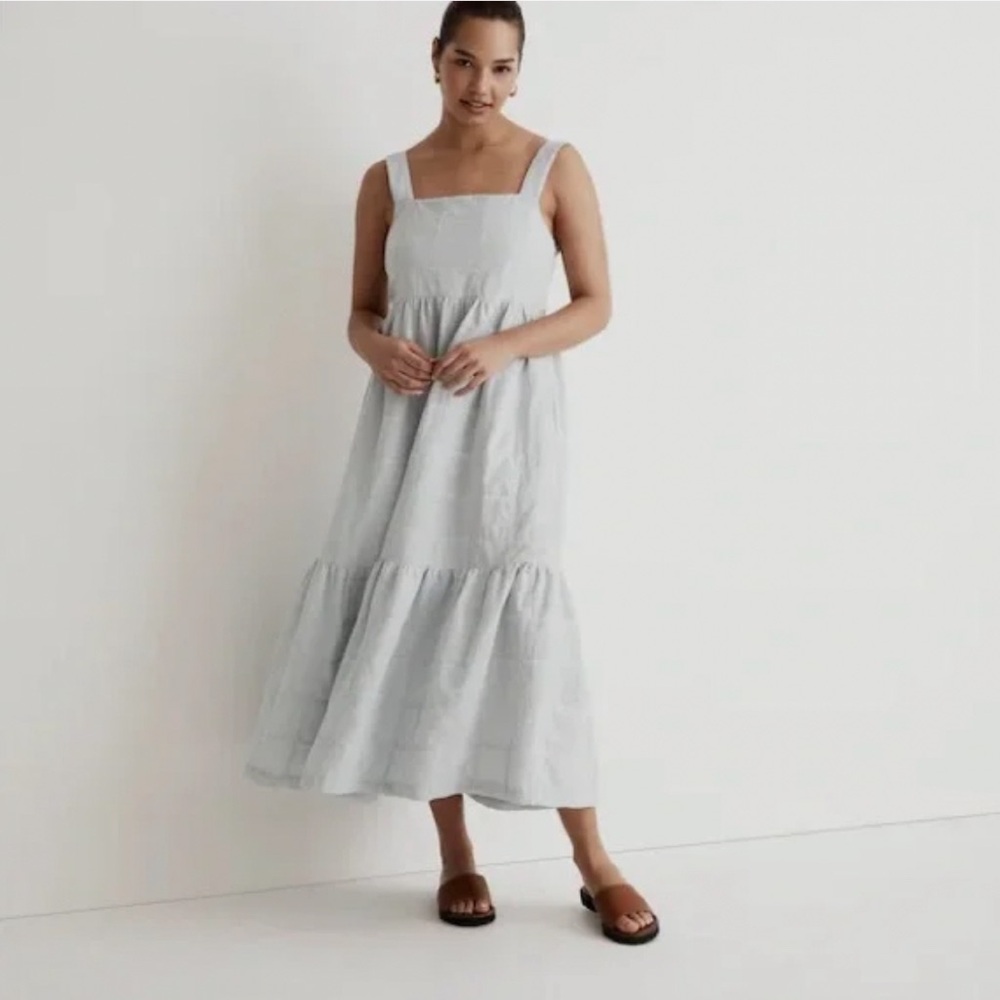 Madewell Cicely Tiered Midi Dress in Patchwork Light Blue Checkered Dress